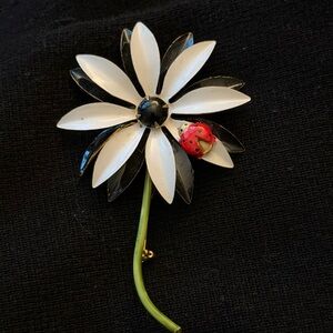 Original by Robert Black and White Flower Brooch with Ladybug